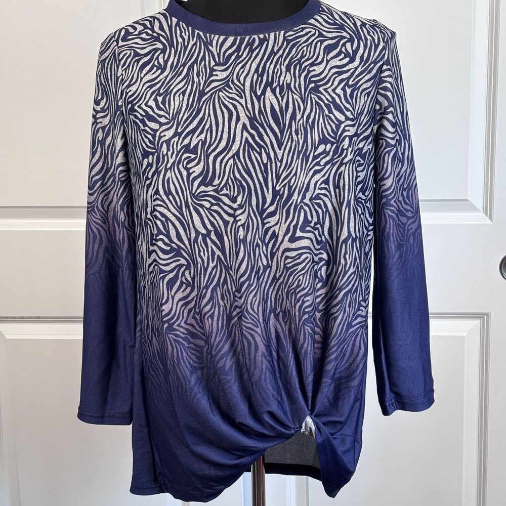 Lily by Firmiana Women's L Navy Zebra Print Long Sleeve Twist Front Top Artsy